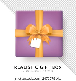 Template of 3d realistic purple gift box with yellow silk bow and hanging tag with space for greeting text. Three dimensional present wrap package with crossed ribbon and white empty label. Top view