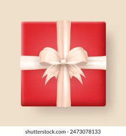 Template of 3d realistic red gift box with white silk bow top view isolated on transparent background. Three dimensional present wrap package with crossed ribbon. Vector surprise box. View from above