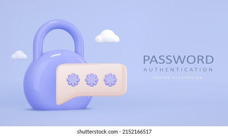 Template with 3d render padlock, clouds and otp code password icon. Concept identification, rights of access, secure network,data security. Realistic vector illustration