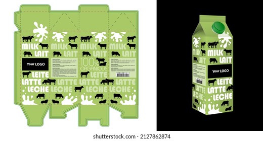 Template and its 3D rendering of a milk carton packaging decorated with silhouettes of cows and typography in several languages on a green background - translation: milk. 