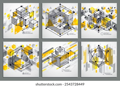 Diseño de diseño amarillo 3D de Plantilla para conjunto de folletos, volante, póster, publicidad, cubierta, Vector de fondo moderno abstracto. Composición de cubos, hexágonos, cuadrados, rectángulos y otros Elementos.