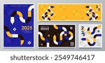 Template of 4 modern banners with geometric rectangle shapes in the form of a coiled snake in orange, blue, yellow, white, black colors. Minimalist greeting cards for 2025 Lunar New Year of the Snake 