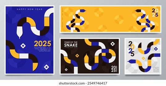 Modelo de 4 banners modernos com formas retangulares geométricas na forma de uma cobra enrolada em cores laranja, azul, amarelo, branco, preto. Cartões minimalistas para o Ano Novo Lunar 2025 da Cobra 