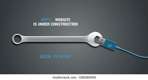 Template 404 error page vector illustration, banner with not found message. Failure, lost warning text background with wrench tool for website error 404 concept design element 