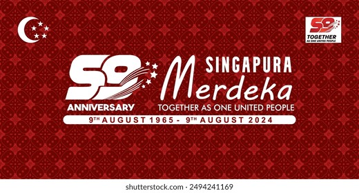 Template of 59th Singapore National Day with Logo, Quotes and Batik Pattern. Independent Singapore 9 August 2024 translation Singapore Independence Day 9th August 2024.