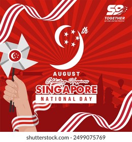 Template of 59th Singapore National Day 9th August 2024 with Logo and City Landmarks. Singapura Merdeka 9 Agustus 2024 Template, Banner, Poster, Background, Social Media Feed.