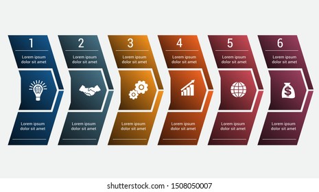  Template 6 Timeline Infographic. Horizontal numbered color arrows for text template infographic for six positions. 