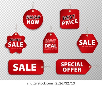 Template of 7 red shopping tags on transparent background. Mock up of discount paper labels, stickers with string for hanging and text - super SALE, special offer, best price, hot deal, shop now, etc.