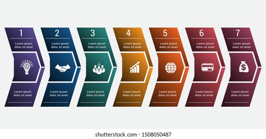 Template 7 Timeline Infographic. Horizontal numbered color arrows for text template infographic for seven positions. 