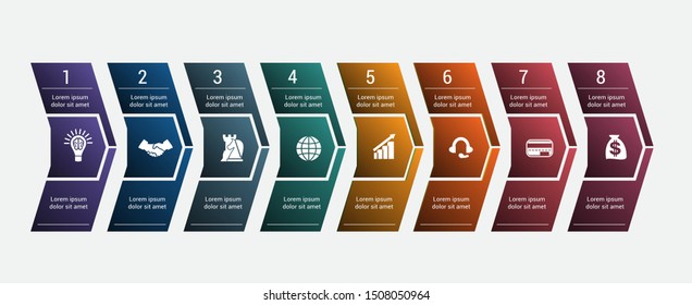  Template 8 Timeline Infographic. Horizontal numbered color arrows for text template infographic for eight positions. 