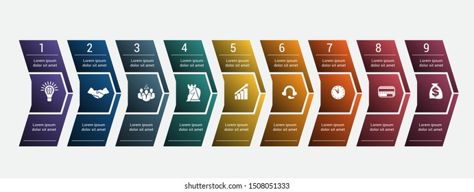  Template 9 Timeline Infographic. Horizontal numbered color arrows for text template infographic for nine positions. 