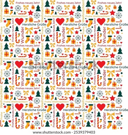 Template about Christmas and New Year with words in German language. Conceptual vector background. Translation of words Happy New Year, Merry Christmas, warm wishes, miracles