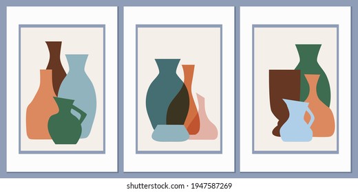 Template with an abstract composition of different vases and pots of simple shapes. Collage style, Boho minimalism. Pastel earthy colors. Vector banners for postcards and covers for social media.