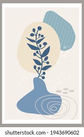 Template with abstract composition of simple shapes and natural botanical elements. Collage style, minimalism. Pastel earthy colors. Vector banners for postcards and covers for social networks.
