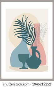 Template with abstract composition of simple shapes. tropical palm leaves in a vase.  Collage style, minimalism. Pastel earthy colors. Vector banners for postcards and covers for social networks.