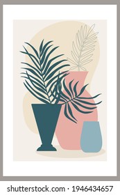 Template with abstract composition of simple shapes. tropical palm leaves in a vase.  Collage style, minimalism. Pastel earthy colors. Vector banners for postcards and covers for social networks.