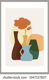 Template with abstract composition of simple shapes. tropical palm leaves in a vase. Collage style, minimalism. Pastel earthy colors. Vector banners for postcards and covers for social networks.