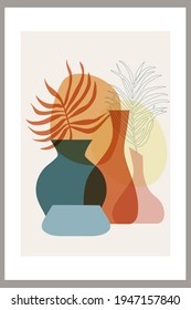 Template with abstract composition of simple shapes. tropical palm leaves in a vase. Collage style, minimalism. Pastel earthy colors. Vector banners for postcards and covers for social networks.