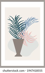Plantilla con composición abstracta de formas simples. hojas de palmera tropicales en un jarrón. Collage y minimalismo. Pastel de colores de tierra. Carteles vectores para postales y portadas para redes sociales.