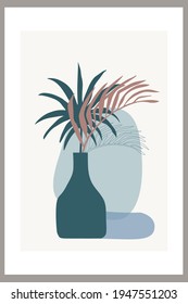 Template with abstract composition of simple shapes. tropical palm leaves in a vase. Collage style, minimalism. Pastel earthy colors. Vector banners for postcards and covers for social networks.