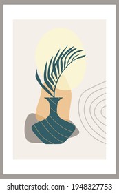 Template with abstract composition of simple shapes. tropical palm leaves in a vase. Collage style, minimalism. Pastel earthy colors. Vector banners for postcards and covers for social networks.