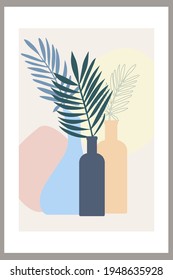 Template with abstract composition of simple shapes. tropical palm leaves in a vase. Collage style, minimalism. Pastel earthy colors. Vector banners for postcards and covers for social networks.