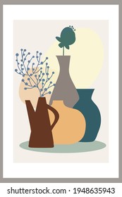 Template with abstract composition of simple shapes. tropical palm leaves in a vase. Collage style, minimalism. Pastel earthy colors. Vector banners for postcards and covers for social networks.