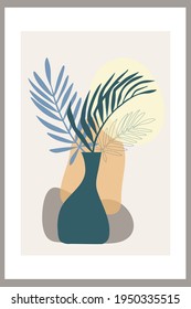 Template with abstract composition of simple shapes. tropical palm leaves in a vase. Collage style, minimalism. Pastel earthy colors. Vector banners for postcards and covers for social networks.