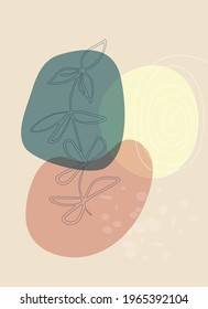Template with an abstract composition of simple shapes. Branch with leaves, field grass line art. Collage style, Boho minimalism. Pastel colors. Vector banners, t-shirt print and social media covers.