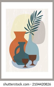 Template with abstract composition of simple shapes. tropical palm leaves in a vase. Collage style, minimalism. Pastel earthy colors. Vector banners for postcards and covers for social networks