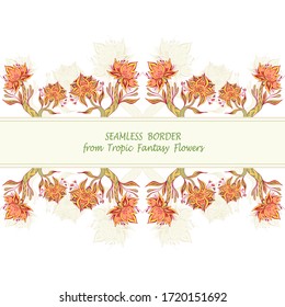 Template from Abstract Dancing Tropic Fantasy flowers with seamless border in full colors for  cosmetic  perfume or  for hygiene products or  for creative Post Card