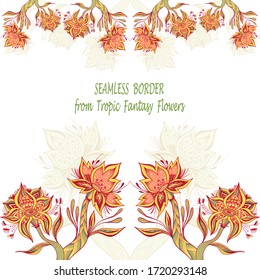 Template from Abstract Dancing Tropic Fantasy flowers with seamless border in full colors for  cosmetic  perfume or  for hygiene products or  for creative Post Card