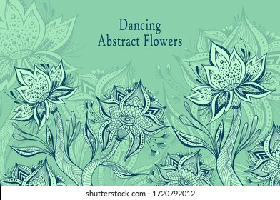 Template from Abstract Dancing Tropic Fantasy flowers in marine blue colors  for  cosmetic  perfume or for decoration different things or hygiene products or  for creative Post Card