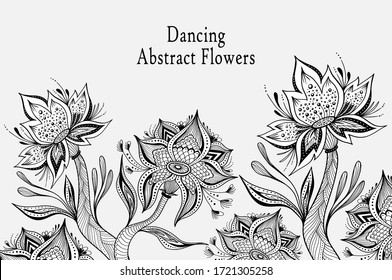 Template from Abstract Dancing Tropic Fantasy flowers in black  and white colors for coloring page or coloring book or for decoration different things or for creative Post Card