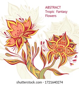 Template from Abstract Dancing Tropic Fantasy flowers in full colors on white  for  cosmetic  perfume or  for hygiene products or  for creative Post Card