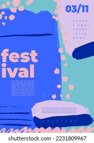 Template with abstract elements and typography. Background image for cover, banner, poster, festival. Colorful brush strokes, stains. Simple childish sketch with different spots