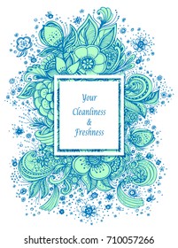 Template with abstract flowers bouquet in blue on white spring  composition for decoration  package of perfume or for cosmetic shampoo soap or for advertising hygiene products purity  freshness 