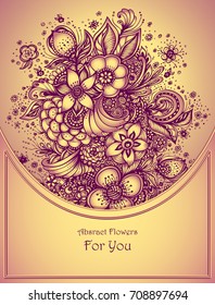Template with abstract flowers bouquet in gold brown colors autumn composition  for decoration  package of perfume or for cosmetic shampoo soap or for wedding invitation 