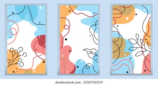 Template with abstract modern background with fluid organic shapes, pastel colors. Fluid blue-red background with lines and leaves. Abstraction.