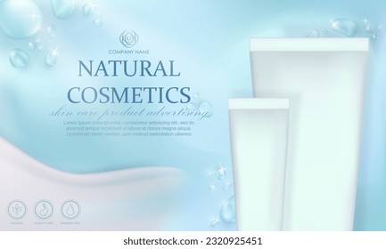 Template of ad banner with cosmetic skin care or spa product in matte tubes. Soft blue aqua advertising poster with realistic white cream smear, water drops and moisturizer packages with light effect