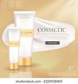 Template of ad banner with cosmetic skin care or spa product in white matte tubes. Golden luxury advertising poster with realistic 3d cream smear, text and moisturizer packages on sandy background