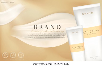 Template of ad banner with cosmetic skin care or spa product in white matte tubes. Golden luxury advertising poster with realistic 3d cream smear, text and moisturizer packages on sandy background