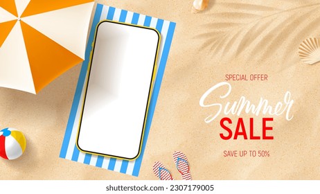 Template of ad banner for summer sale. Banner with smartphone on beach towel and sand with umbrella, seashells and inflatable ball. Vector 3d ad illustration for promotion of summer goods.