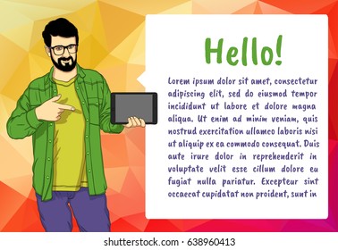 Template ad  with handsome man showing something displayed on tablet pc. Vector template ad for presentation with bubble of talk. Illustration for template ad