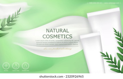 Template of ad post banner with natural cosmetic skin care product. Green advertising poster with realistic white 3d cream smear, leaves and organic moisturizer tubes mockup.