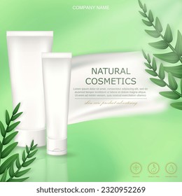 Template of ad post banner with natural cosmetic skin care product. Green advertising square poster with realistic white 3d cream smear, leaves and organic moisturizer tubes mockup.