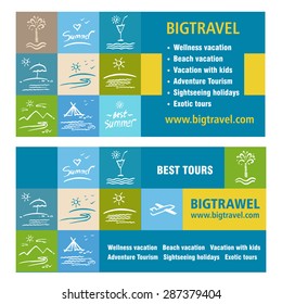 Template ads, banner icon Tourism, tour operator. Big travel.  Vacation, travel and tourism. White silhouette illustration on a colored background.