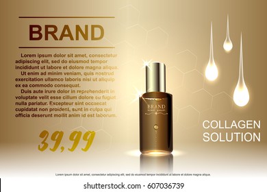Template ads cosmetic, glass bottle drops of essence oil isolated on brown background. Vector illustration.