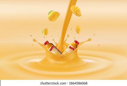 template, advertisement for mango flavored drink, mango splashing background, with mango fruit falling.