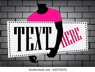 Template of advertisement on grey brick wall. Black dummy hold pink T-shirt and white board. Vector design invitation, advertising, advertisement, postcard, card, poster or banner.